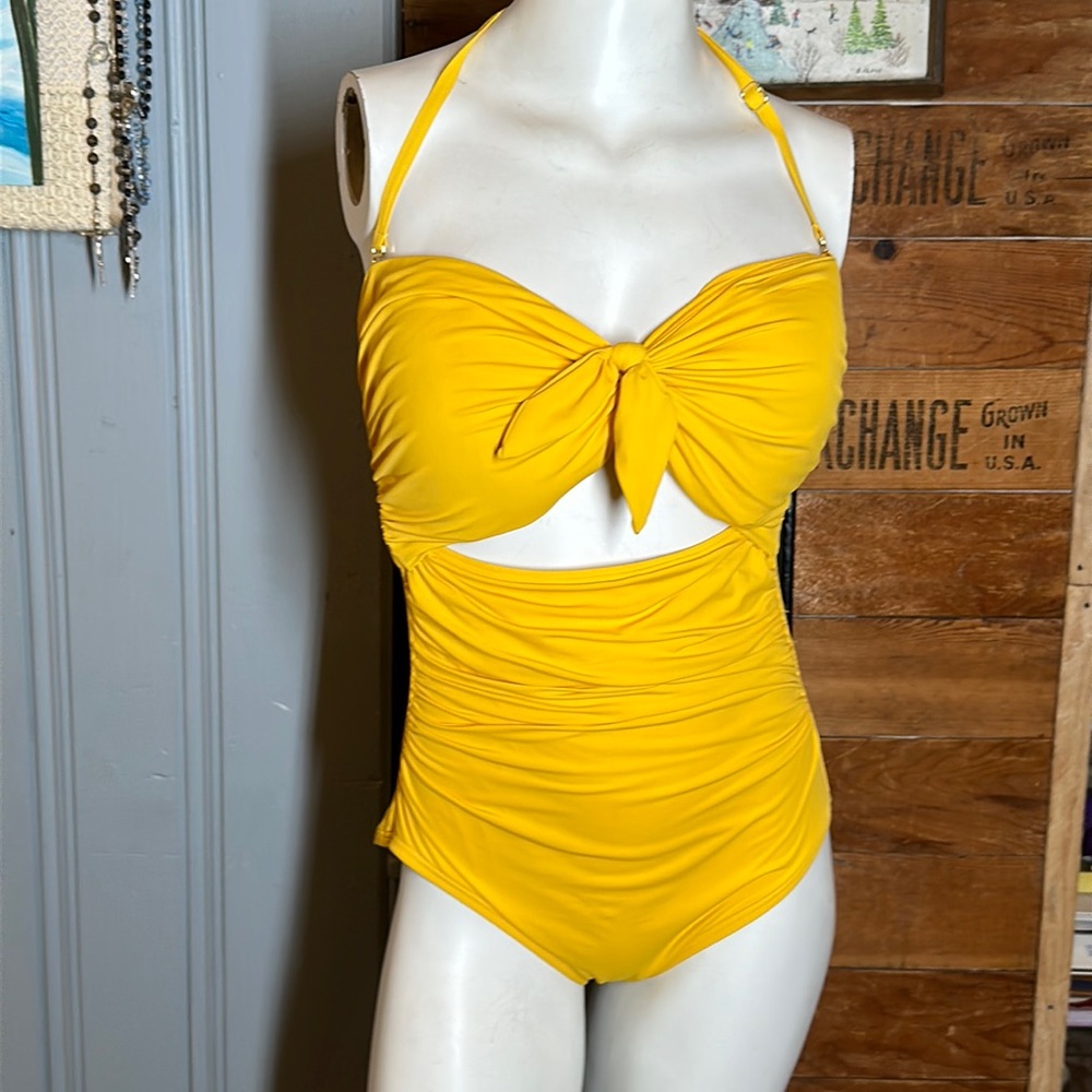 Kate Spade yellow one piece cut out bandeau top Swimsuit Size Large